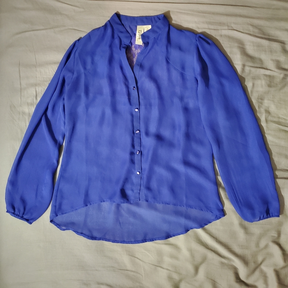 Blue Sheer Lace Back High Low Blouse